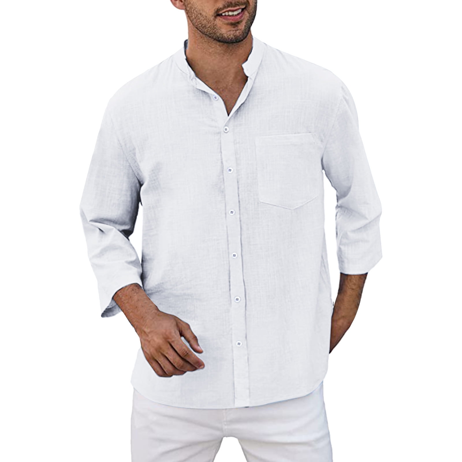 dmqupv T Shirts with Pockets Mens Fashion Casual Cotton And Linen Buckle  Solid Color Nine Sleeve Shirt Shirt Top button-down-shirts White X-Large -  Walmart.com