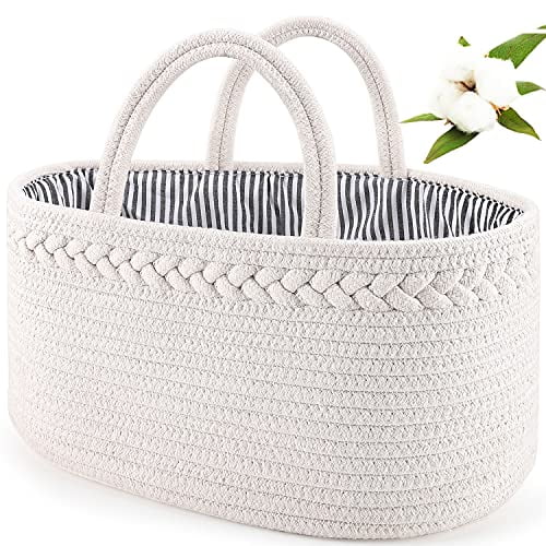 Baby Diaper Caddy,Nursery Storage Bin and Car Organizer for Diapers and Baby Wipes,Cotton Rope Diaper Basket Caddy,Changing Table Diaper Storage Caddy