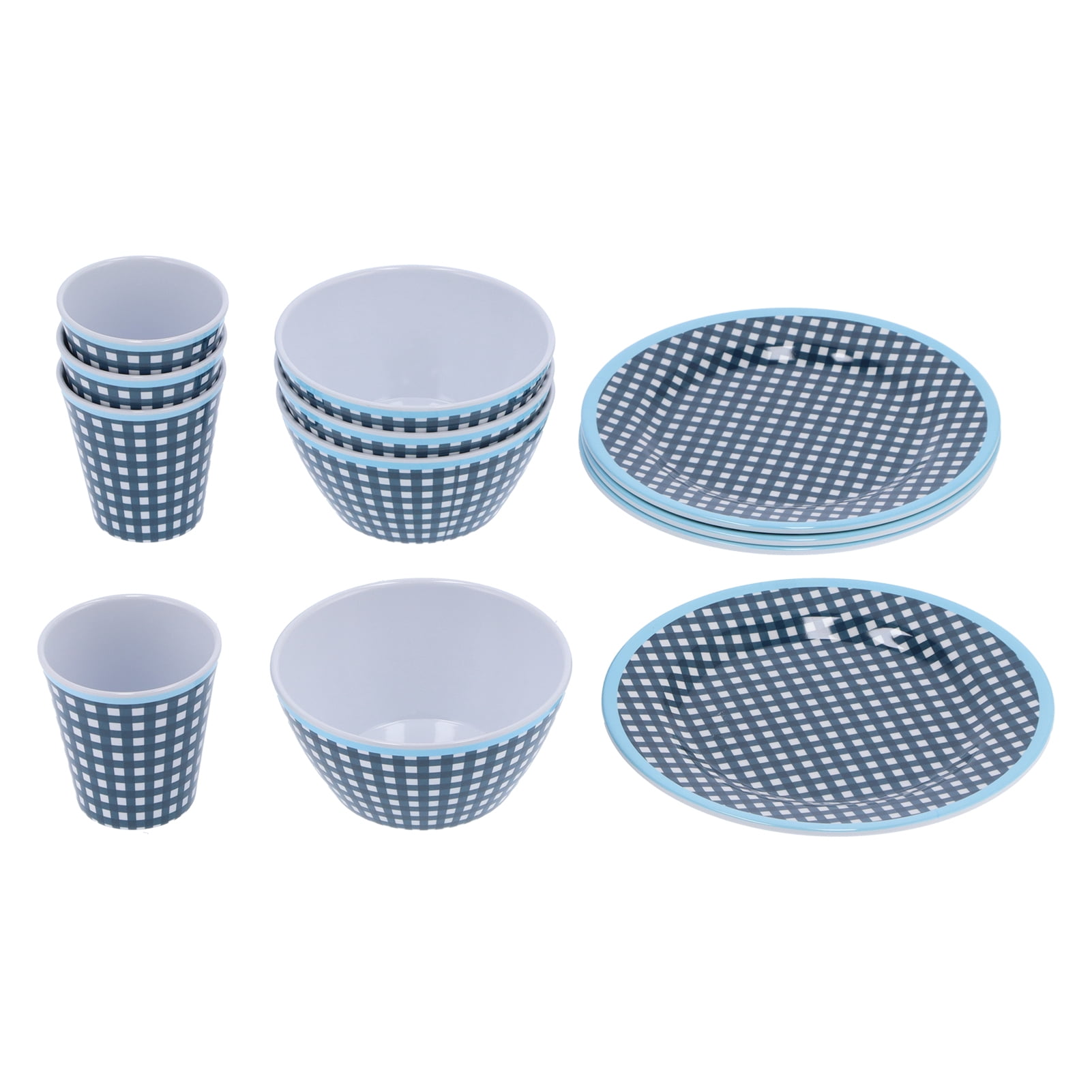 YAHHU 12-Piece Melamine Tableware Set, Dark Blue Grid Pattern Dinnerware Dishes Includes 4 Cups, 4 Bowls, and 4 Plates for Home Kitchen Restaurant Daily Use, Service for 4, Lightweight