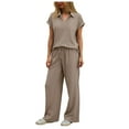 thumbnail image 3 of felwors Womens 2 Piece Summer Outfit Lounge Set Cap Sleeve Polo Top And Pant Set Tracksuit Travel Matching Outfit 2025 Brown, L, 3 of 8
