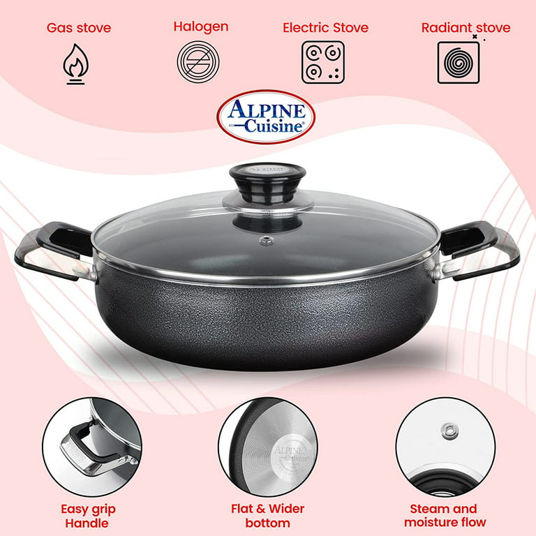 Alpine Cuisine 3 Quart Non-stick Stock Pot with Tempered Glass Lid and  Carrying Handles, Multi-Purpose Cookware Aluminum Dutch Oven for Braising