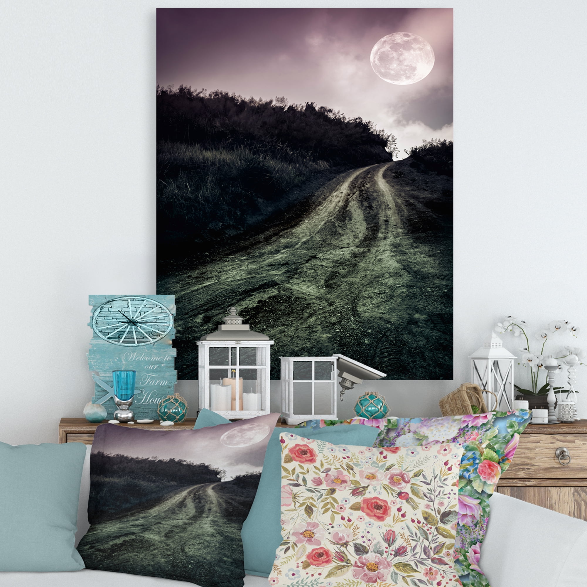 Designart ' Countryside Muddy Road Under Full Moon ' Modern Canvas Wall Art Print