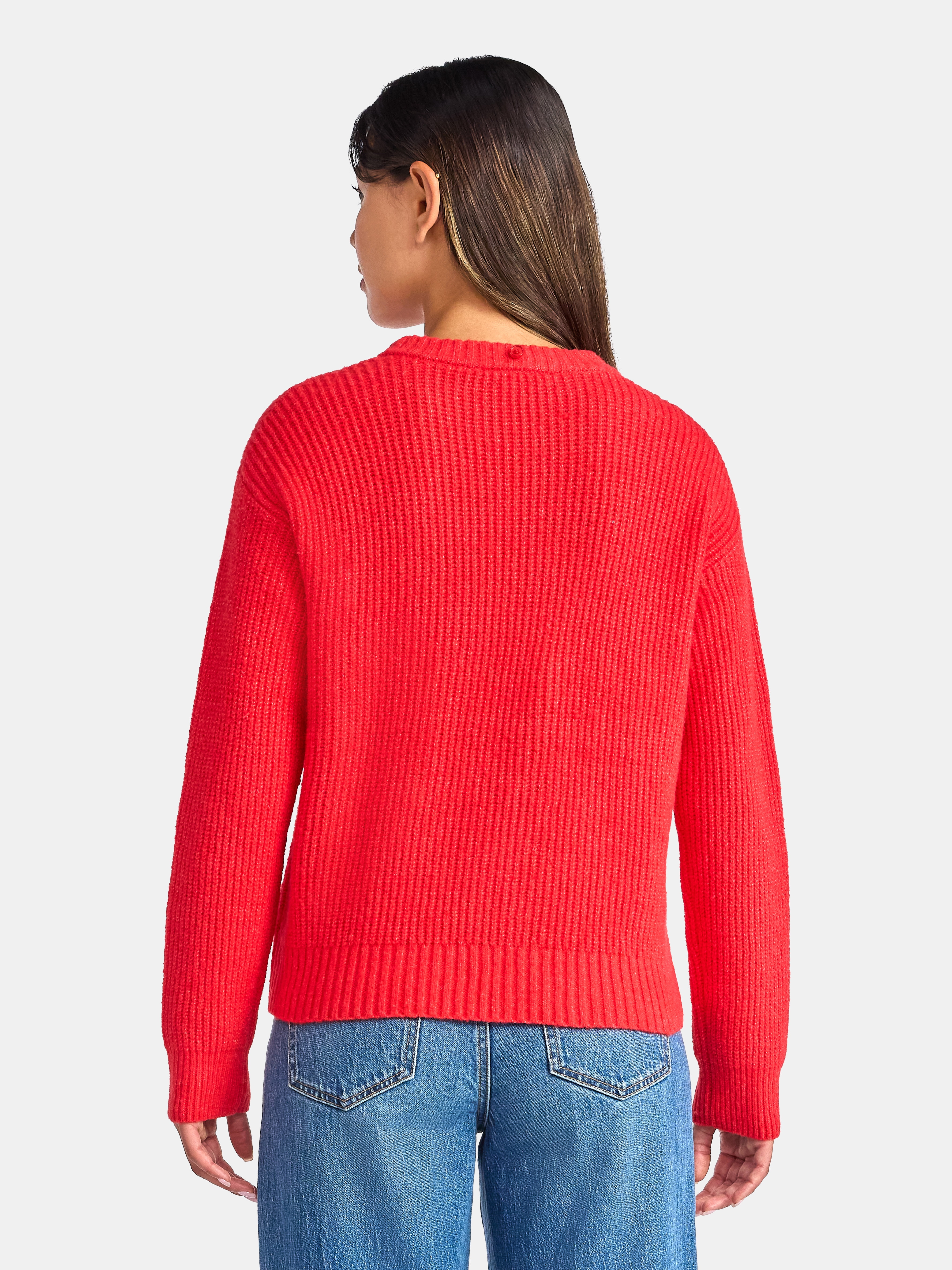 Time and Tru Women's Ribbed Crewneck Sweater and Stripe Scarf Set, 2-Piece, Sizes XS-XXXL