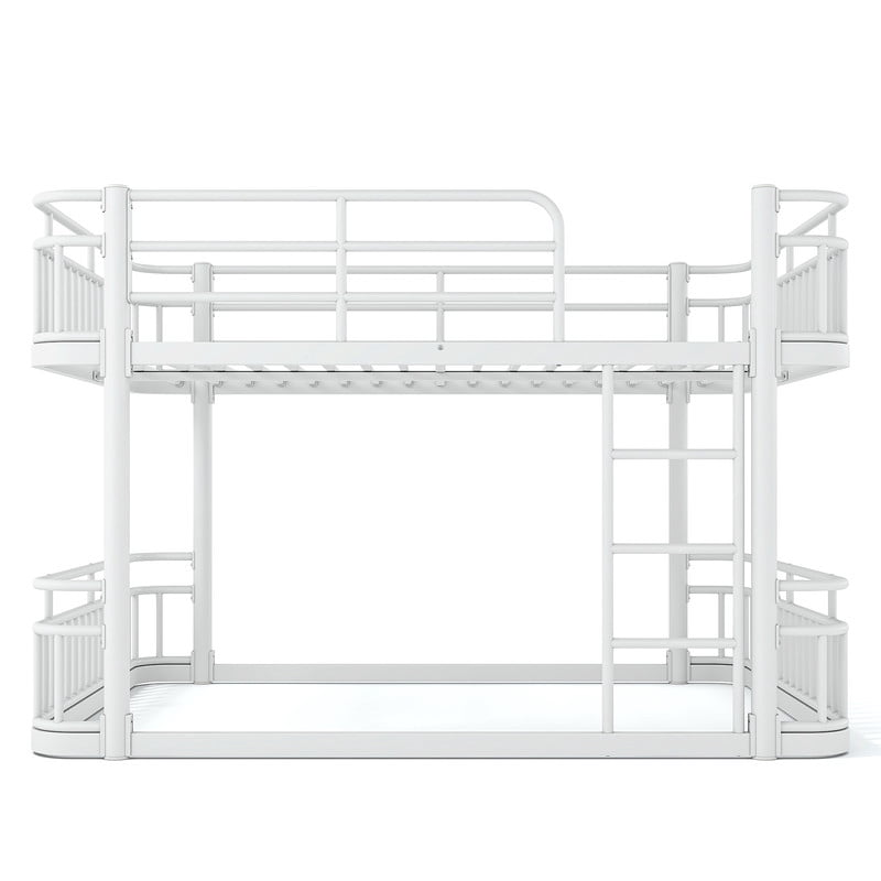 Queen over Queen Bunk Bed with Built-in Ladder & Safe Guardrails, Curved-Edge Sleek Metal Bed Frame with No Slat Floor Bed