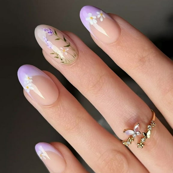 French Styles 24Pcs Lavender Glossy Short Fake Nails Holiday Party Wear ABS Materials Conswtruction