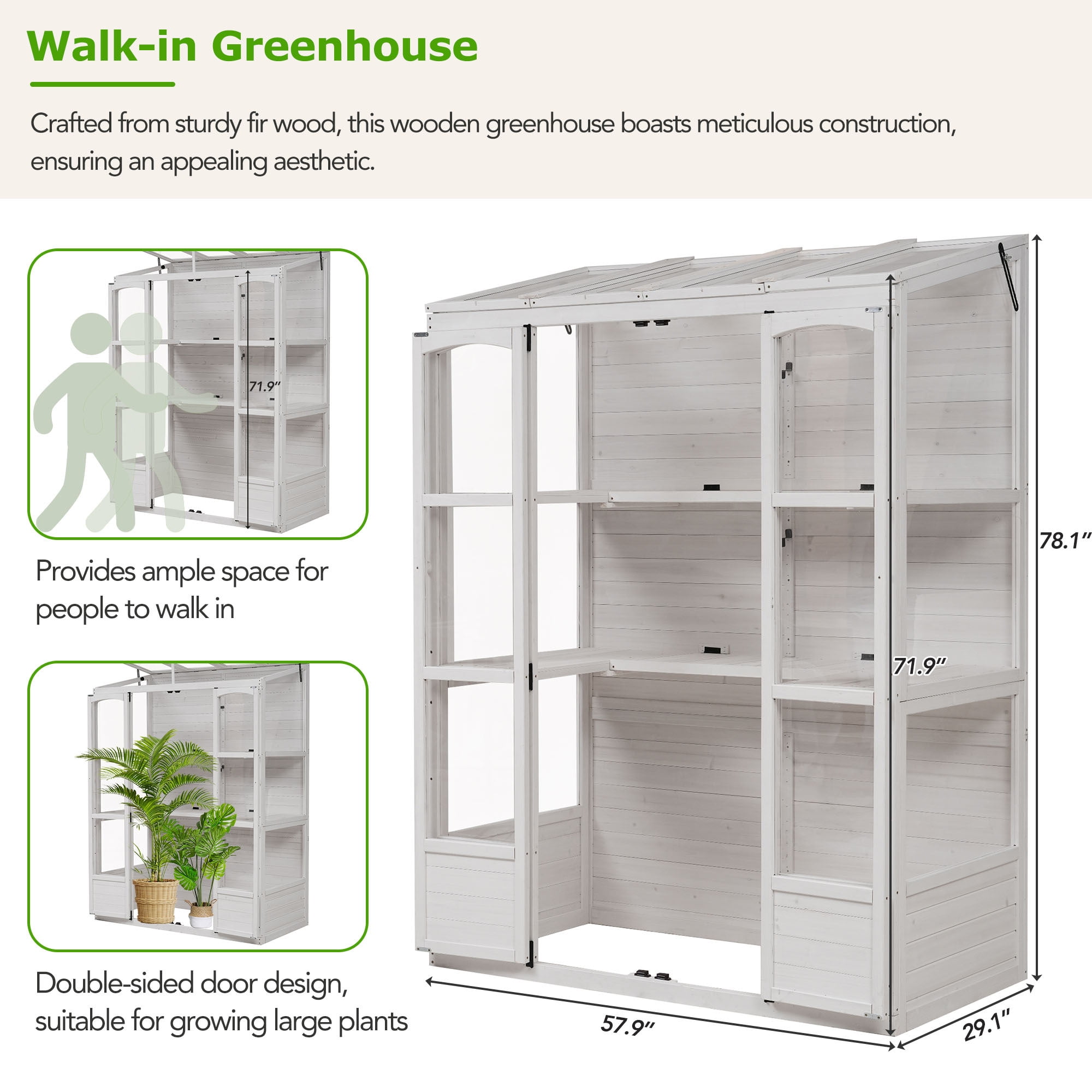 EUROCO 78" Wood Large Greenhouse Cold Frame, Portable Walk-in Outdoor Greenhouse with Openable Roof, 4 Independent Skylights and 2 Folding Middle Shelves, White