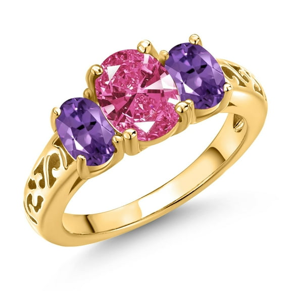 Gem Stone King 18K Yellow Gold Plated Silver Pink Zirconia and Purple Amethyst Filigree Style 3 Stone Ring for Women (2.11 Cttw, Oval 8X6MM and 6X4MM) (Size 6)