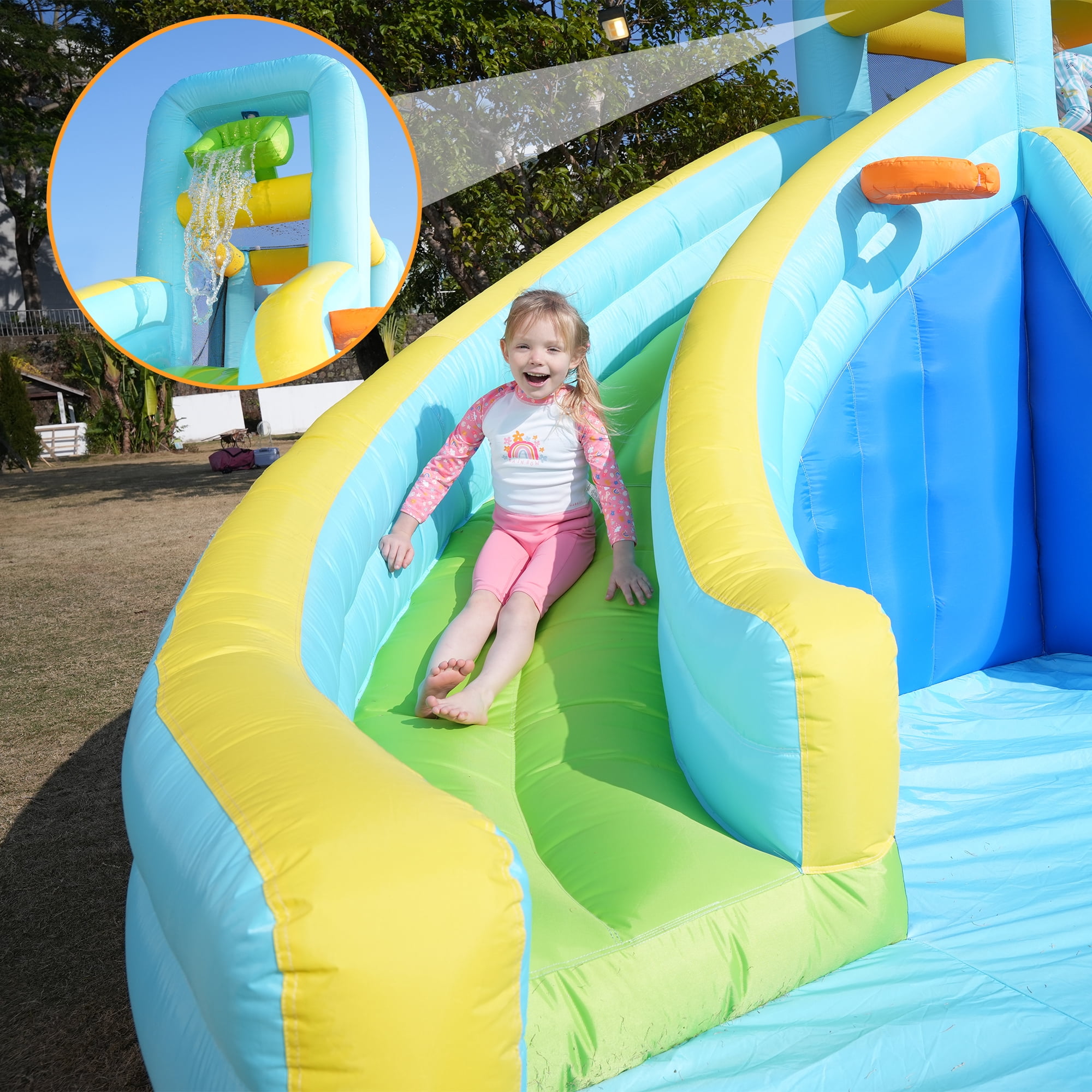 SaveJoy Giant 10-in-1 Inflatable Water Slide Bounce House, 207‘’x185‘’x87‘’ Water Park with 750W Blower,  Backyard Toys for Kids Ages 3-8, Indoor & Outdoor Use