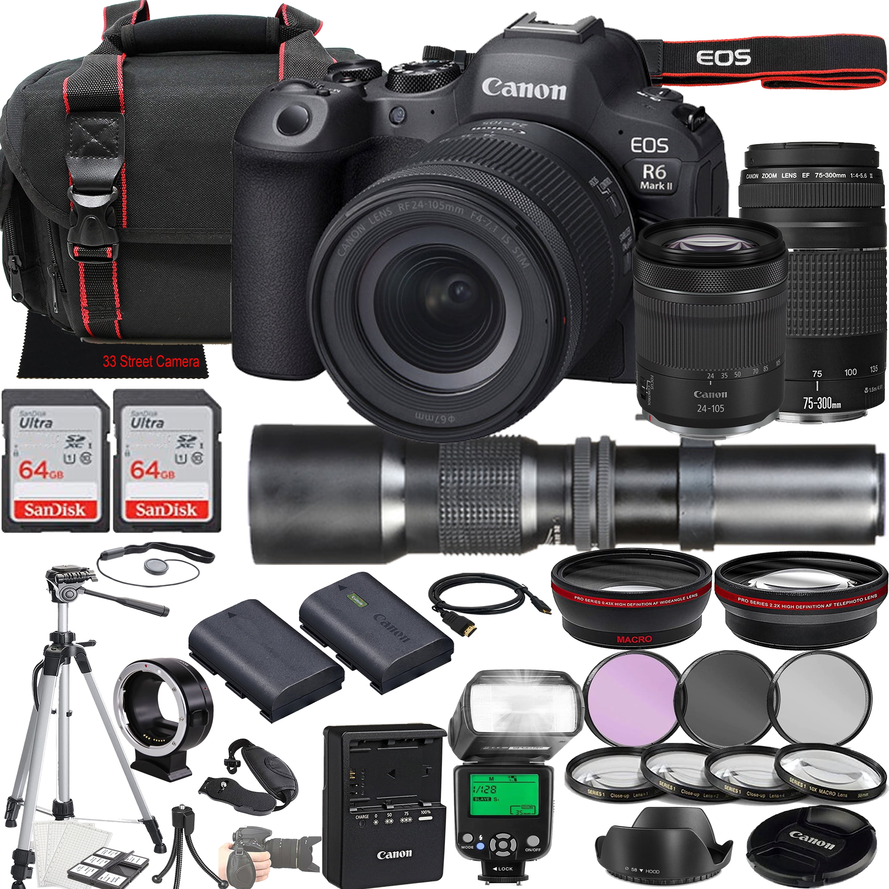 Canon EOS R6 Mark II Mirrorless Camera with RF 24-105mm STM & 75-300mm III  + 500mm f/8 Focus Lenses, Accessories: 2X 64GB Memory Cards, LED Video  Light, Microphone, Extra Battery, Case 
