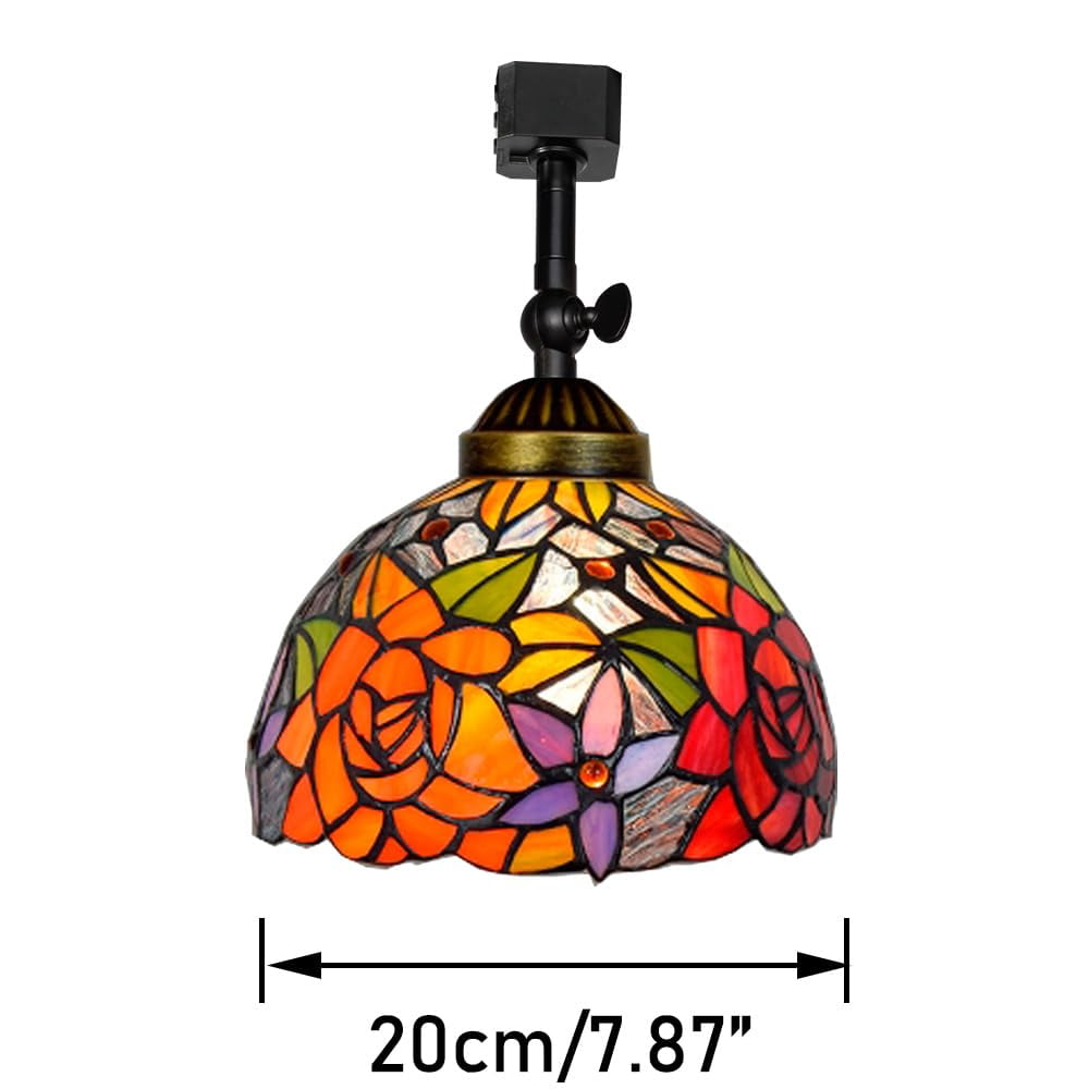 KAYYELAMP J-Type Track Head Lighting Adjustable Angle Tiffany Ceiling Light Colorful Rose Pattern Glass Shade Handmade Track Light Fixture For Gallery Mirror Front