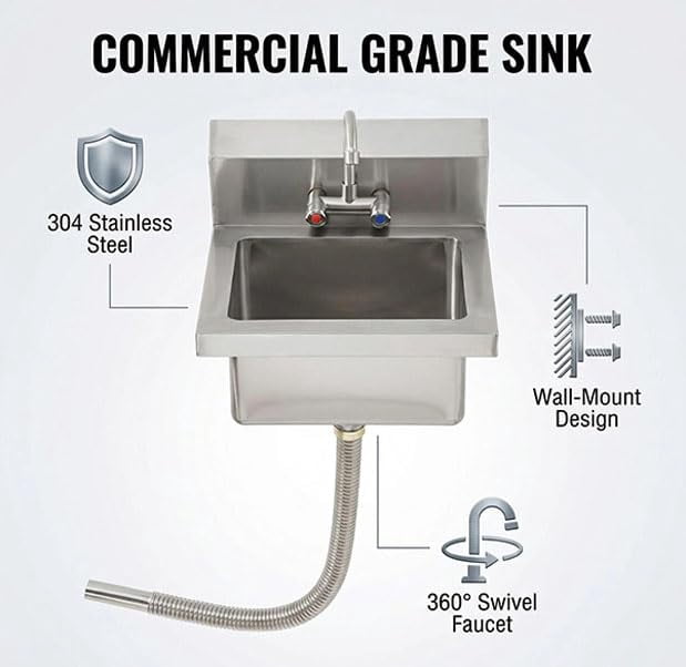 Garvee Commercial Stainless Steel Hand Sink with Swivel Faucet, Wall Mount or Drop-in Small Hand Wash Basin with Backsplash & Drain Kit for Restaurant, Bar, Kitchen, Garage