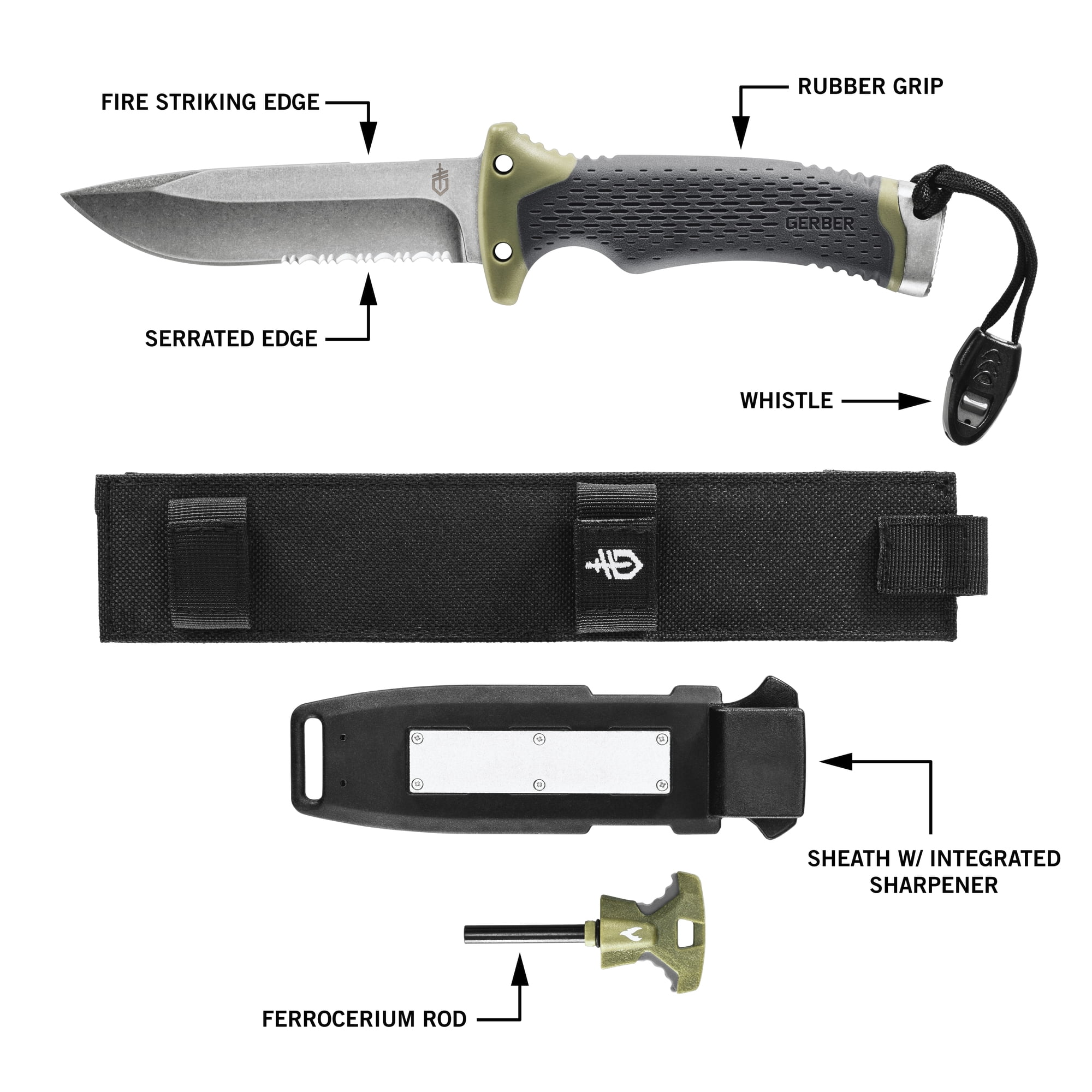 Gerber Ultimate Knife, 4.75" Fixed Blade with Fire Starter, Survival Gear and Equipment, Gray/Green