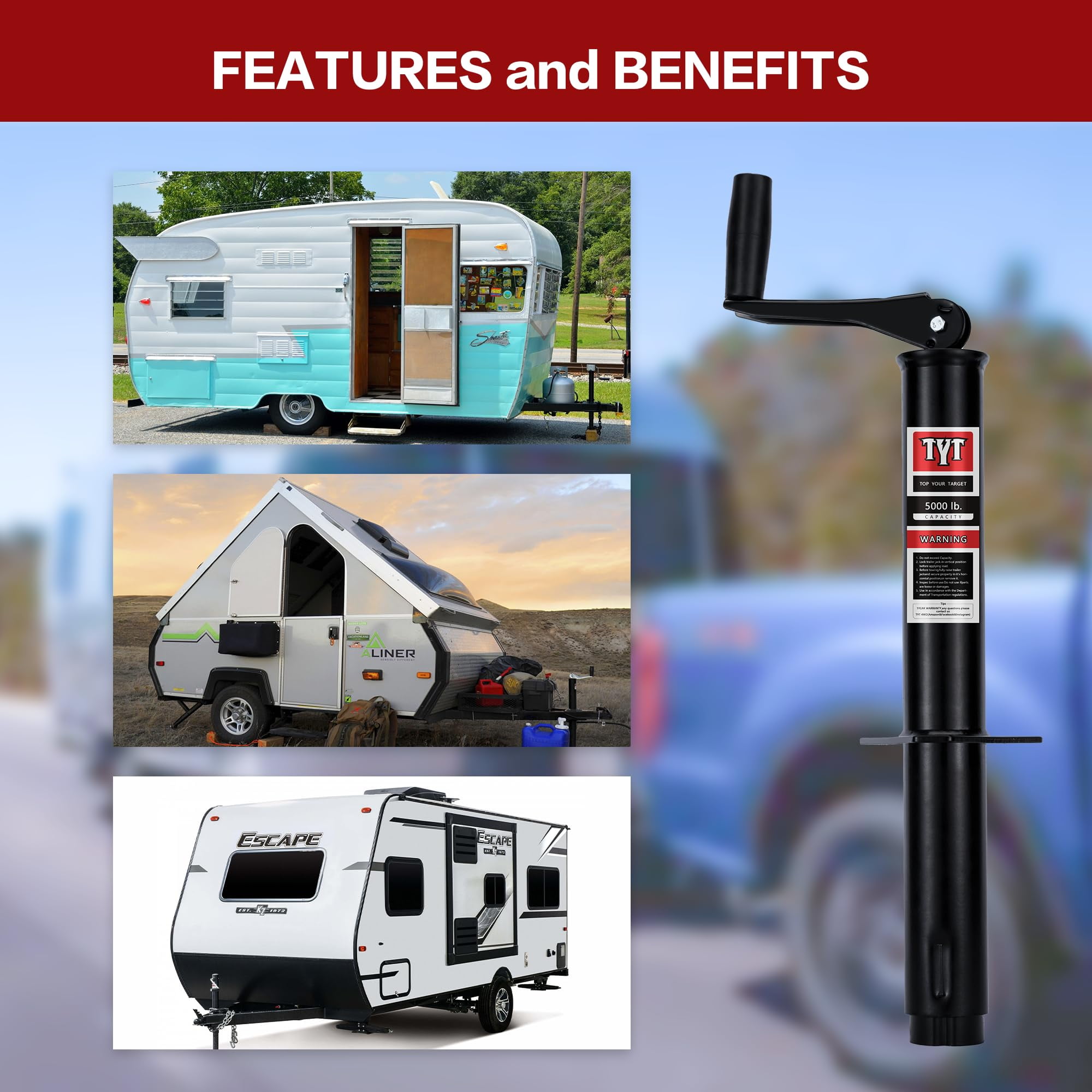 TYT Heavy Duty 5000 lbs A-Frame Trailer Jack with 15" Top-Wind Vertical Travel, Black Sandblast Coating, and Foot Plate for RVs, Boat, Utility, and Camping Trailers