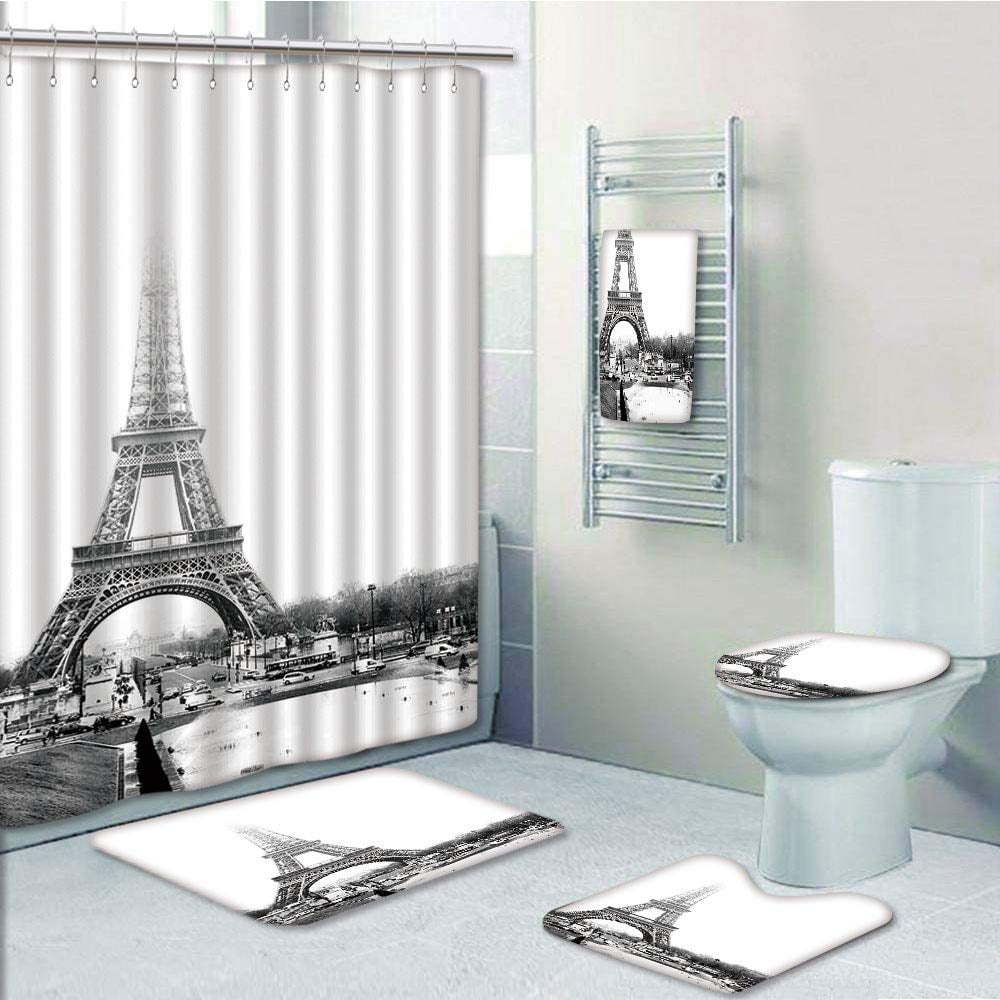 Paris Eiffel Tower Bath Rug Shower Curtain Landmark Big Ben Toilet Mat Lid Cover 
