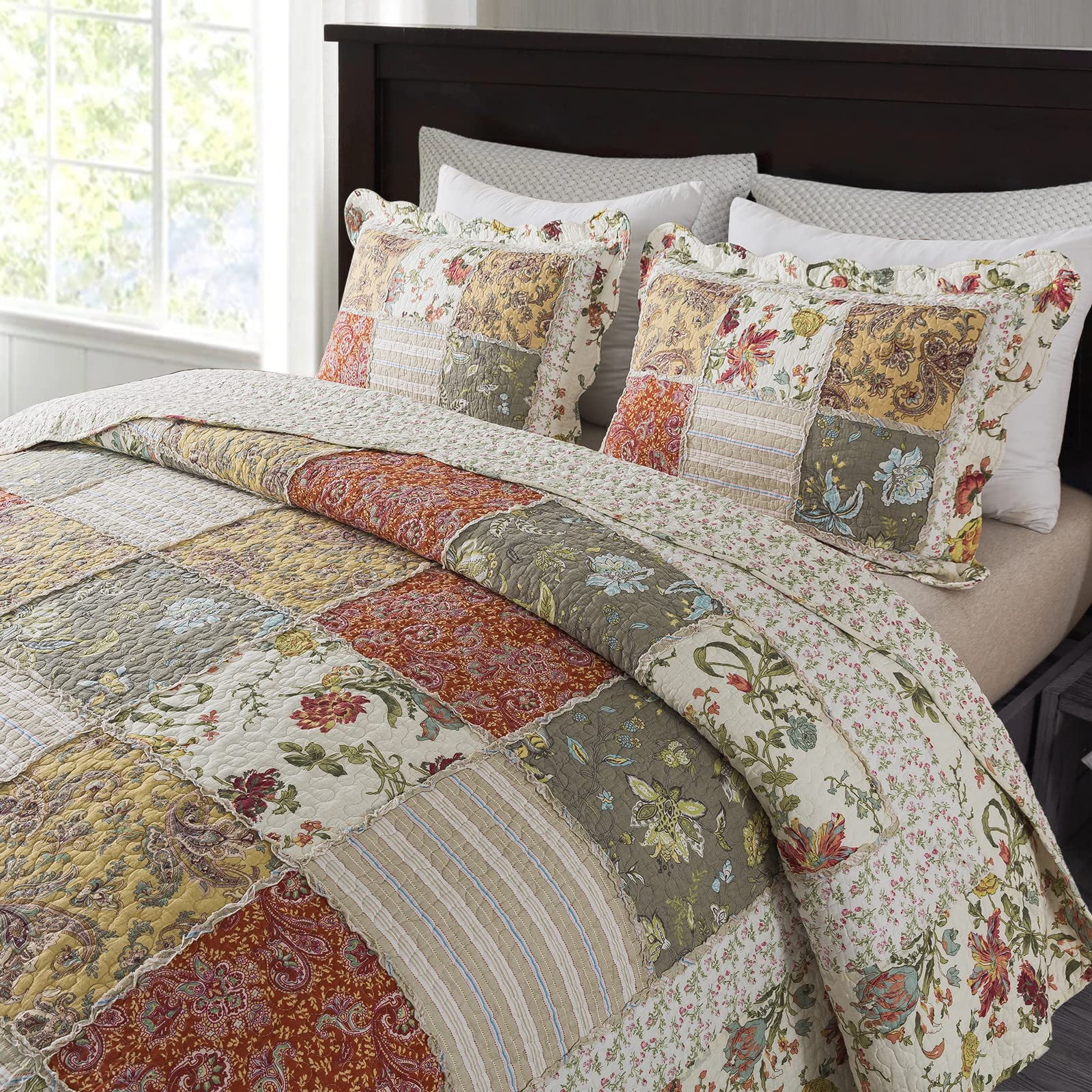 WannaToo Cotton Bedspread Quilt Set for All Season, Beige Patchwork, Queen