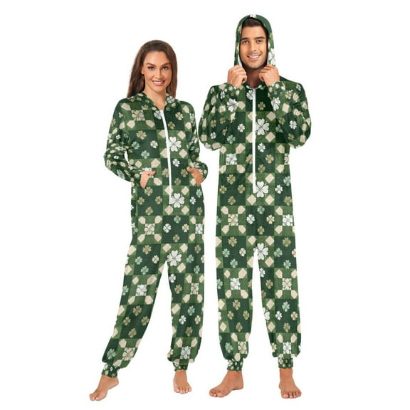 Adult Christmas Onesie Four-leaf Clover Adult Zipper One-Piece Pajamas Unisex Pajamas with Pockets