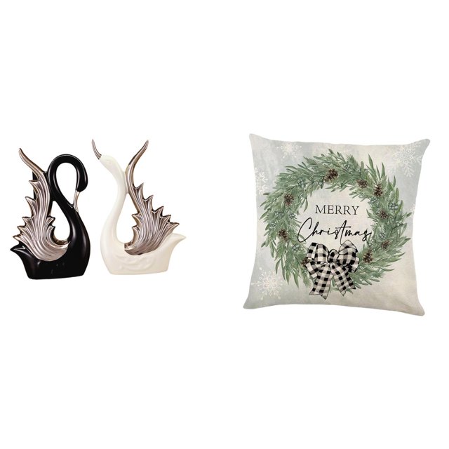 Elegante escultura de cisne de cerámica y funda de almohada navideña para decoración del hogar, estante, sofá, oficina, aniversarios y fiestas.