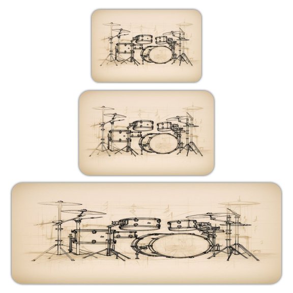 Retro Drum Flannel Kitchen Mat Set, 2-Piece Kitchen Rugs, Washable Floor Mats, Printed and Shipped from the USA