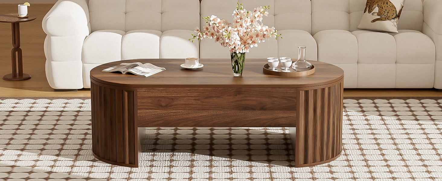 Euroco Lift-Top Coffee Table with Hidden Storage, Hydraulic Mechanism, Wavy Groove Design, Scratch-Resistant MDF Wood Finish