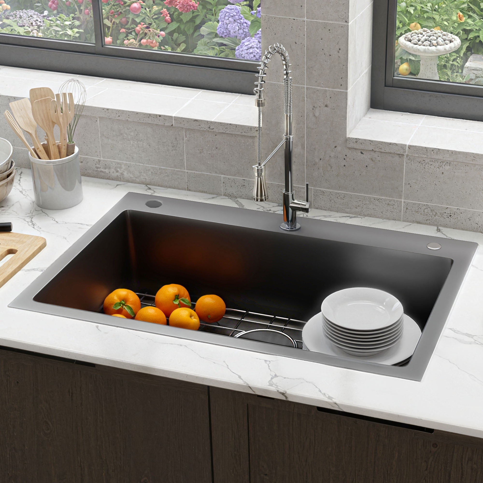 Uforic 28 In Drop-In Kitchen Sink, Stainless Steel Top Mount Single Bowl with Sink Protector, Nano Gunmetal Finish for Workstation, Prep Kitchen, or Bar