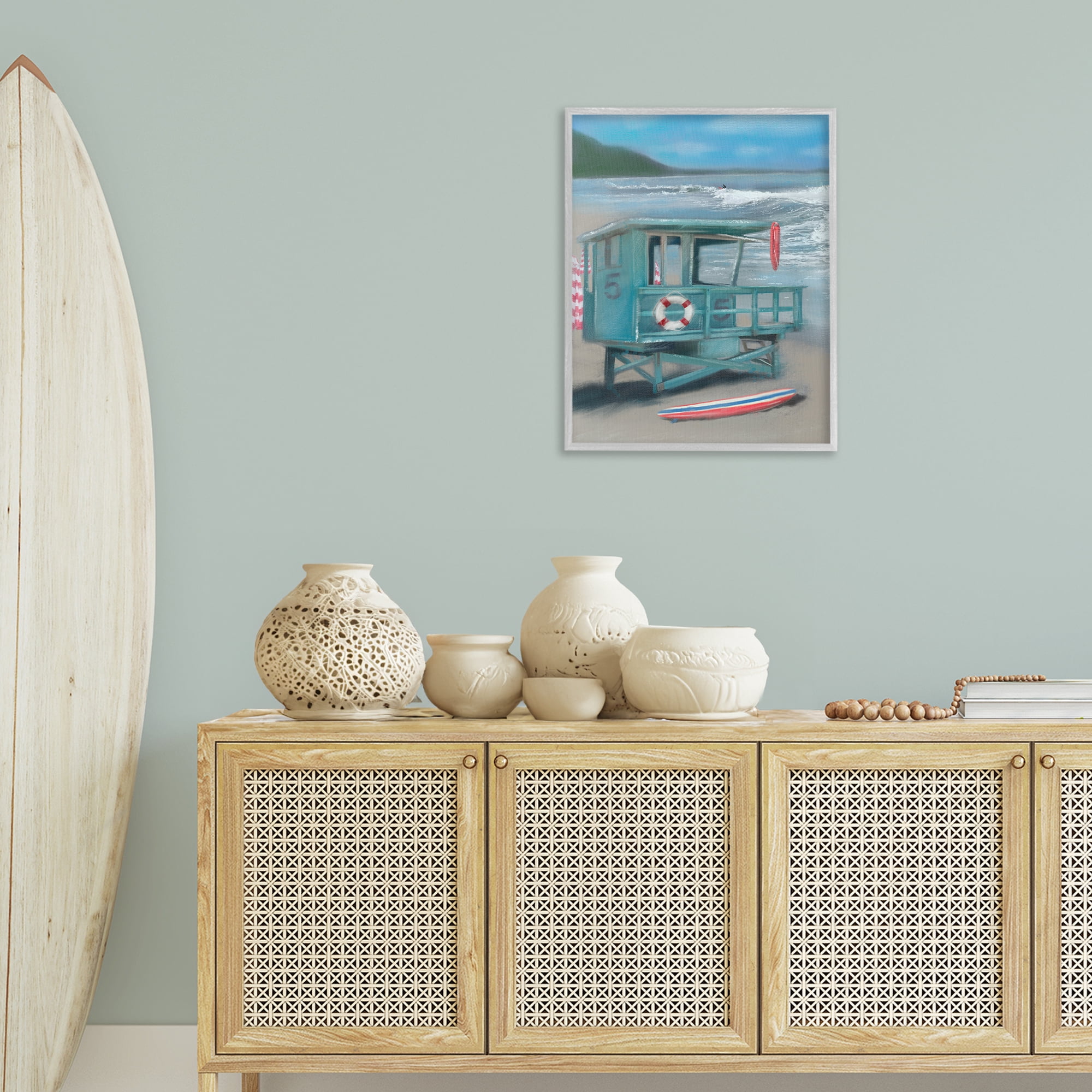 Stupell Industries Lifeguard Stand on Shore Coastal Painting Gray Framed Art Print Wall Art, 24 x 30