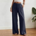 thumbnail image 2 of NIEWTR Linen Wide Leg Pants Woman High Waisted Pull On Button Drawstring Baggy Casual Summer Palazzo Pants with Pockets（Navy,L), 2 of 9
