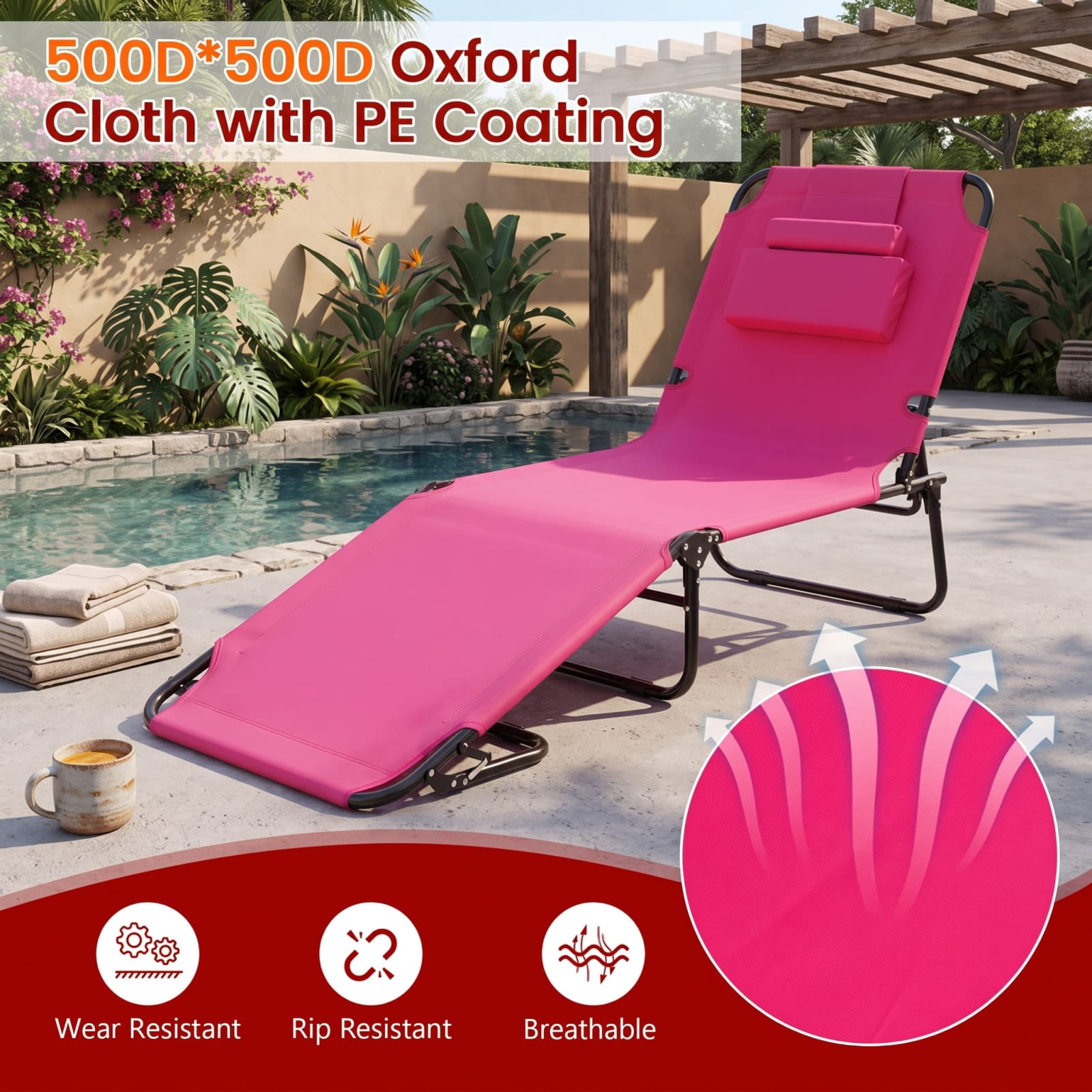 Furnibear Folding Patio Chair Solid Metal for Backyard Deck Garden Pink 330 lbs Capacity Weather-Resistant Outdoor Furniture