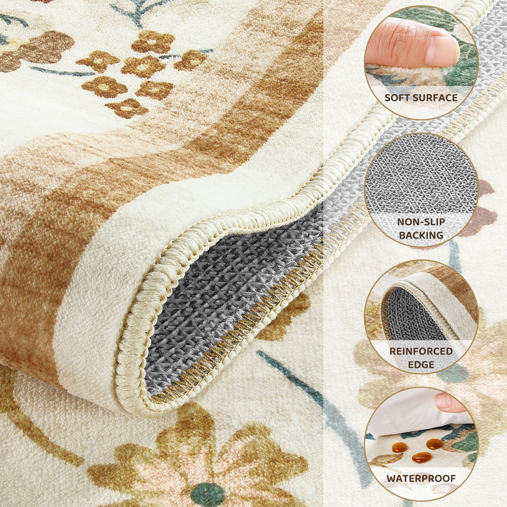 Toyoso 8x10 Area Rug Living Room Rugs - Washable Vintage Floral Soft Thin Large Rug Indoor Floor No Slip Rug Carpet for Bedroom Under Dining Table Home Office Decor - Brown Green