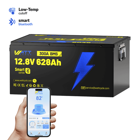 Wattcycle 12V 628Ah LiFePO4 Lithium Battery, Built in 300A BMS, 15000  Cycles, with Bluetooth, Low Temp Protection, EVE A  Cells, Metal Case, 8038Wh Energy, for RV Solar System Off Grid Home Backup