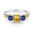 thumbnail image 2 of Gem Stone King 925 Silver and 10K Yellow Gold Yellow Citrine and Blue Created Sapphire and Diamond 3-Stone Ring for Women (1.65 Cttw, Gemstone November Birthstone, Cushion 6MM and 4MM, Size 9), 2 of 3
