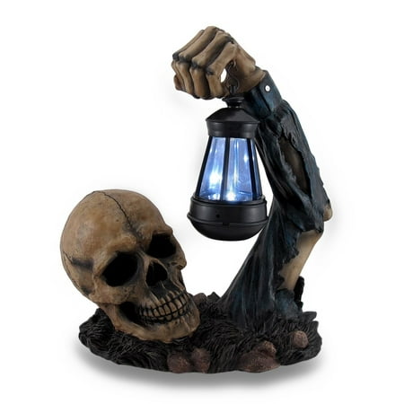 Resin Outdoor Figurine Lights Hh39829 Sinister Skull Holding Led Solar Lantern Outdoor Decoration 10.5 X 12.5 X 6 Inches Black