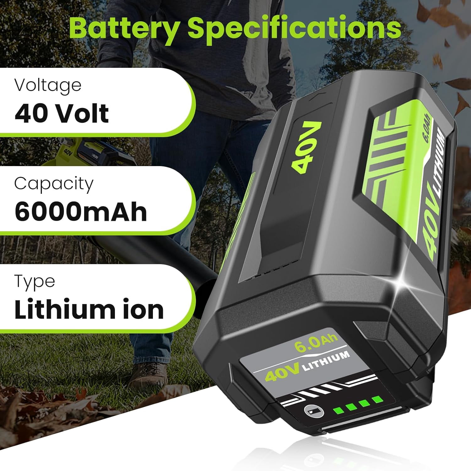 1 Pack 40 Volt 6000mAh OP40601 Battery Replacement for Ryobi 40V Battery Compatible with Ryobi 40V Lithium ion Battery OP4026 OP40602 OP4050A OP4040 OP4030 OP4050