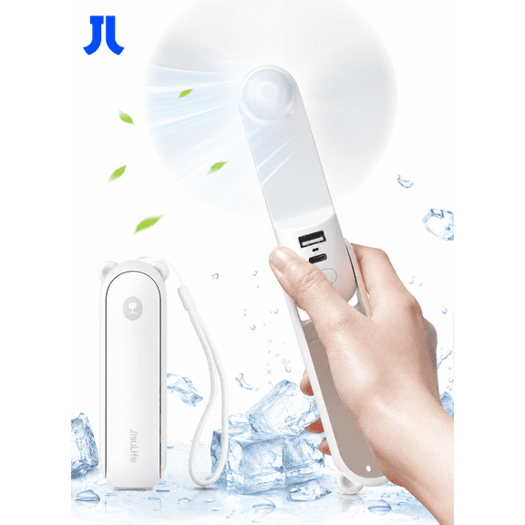JISULIFE Mini Portable Fan, 3 in 1 Handheld Fan with 4500 mAh [20-37 use Hours], USB Rechargeable stadium fan with Power Bank, Flashlight, Foldable Pocket Fan for Travel, Makeup, Gift for Women-White
