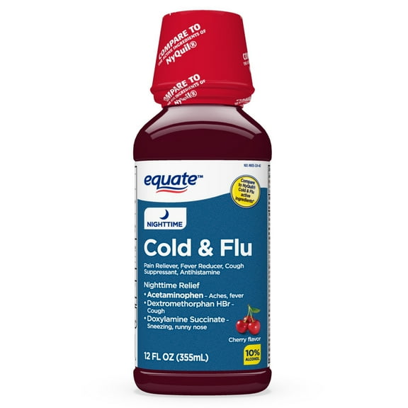 Equate Nighttime Cold & Flu Liquid Medicine, Cough & Cold Medicine, Cherry, 12 fl oz