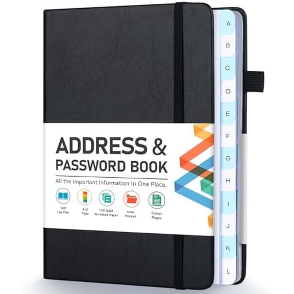 Address Book, Address and Password Keeper Book with Alphabetical Tabs, Hardcover Telephone Book Address Organizer Record with Pocket, Colored Pages, 5.3" x 7.7", Black