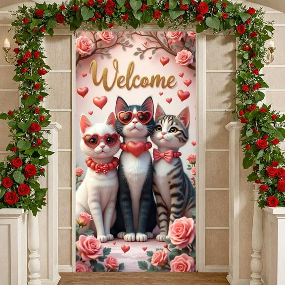Angel Theme Welcome Banner Heart Pattern Love Display Rose Decor Romantic Angel Backdrop for Valentine's Day Welcome Party Wedding