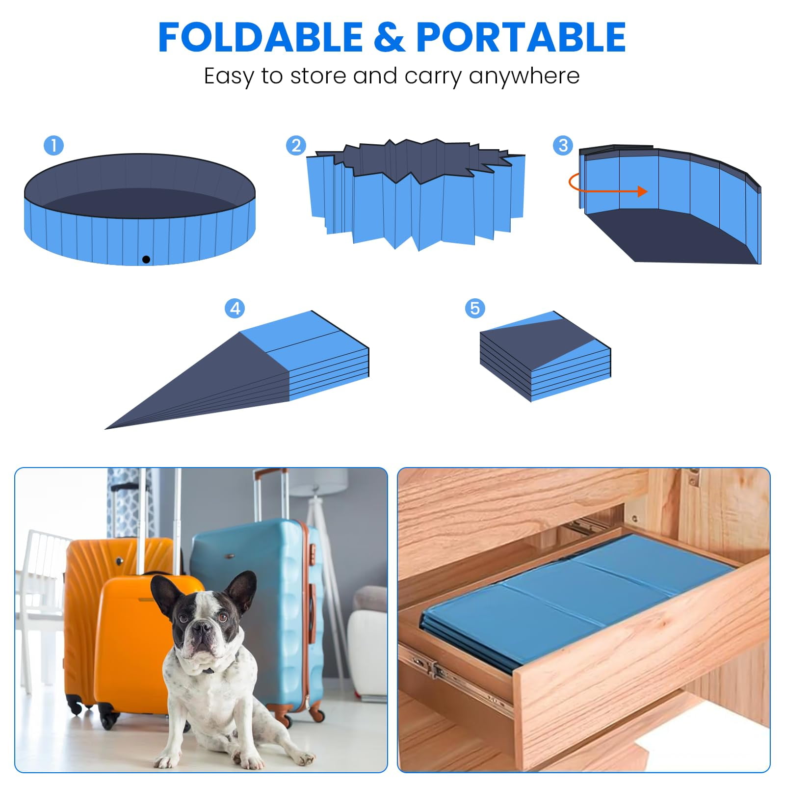 Baxluxe Foldable Portable Kid Pool for Kids and Pets, Outdoor Kiddie Pool with Hard Plastic, Portable Non-Slip Dog Bath Tub, Collapsible Dog Swimming Pool for Kids (Blueness, 63" x 12")