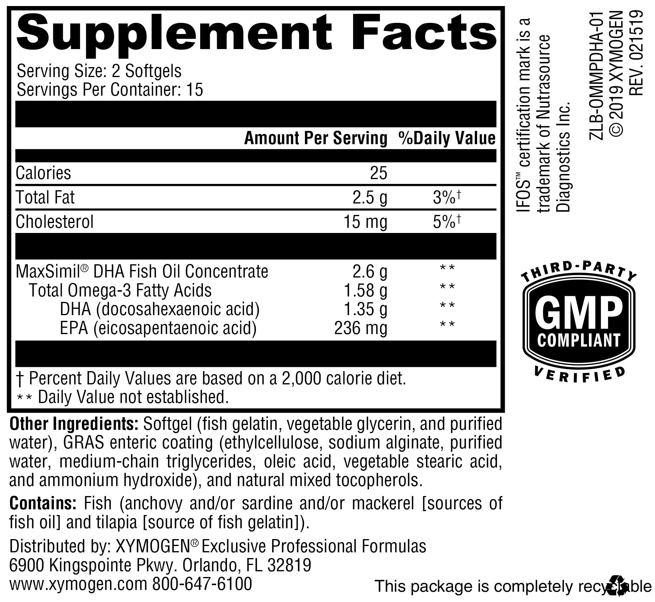 XYMOGEN Omega MonoPure DHA EC - Cardiovascular Immune & Brain Support - Concentrated DHA Fish Oil - Monoglyceride Omega-3 Supplement - 30 Softgels