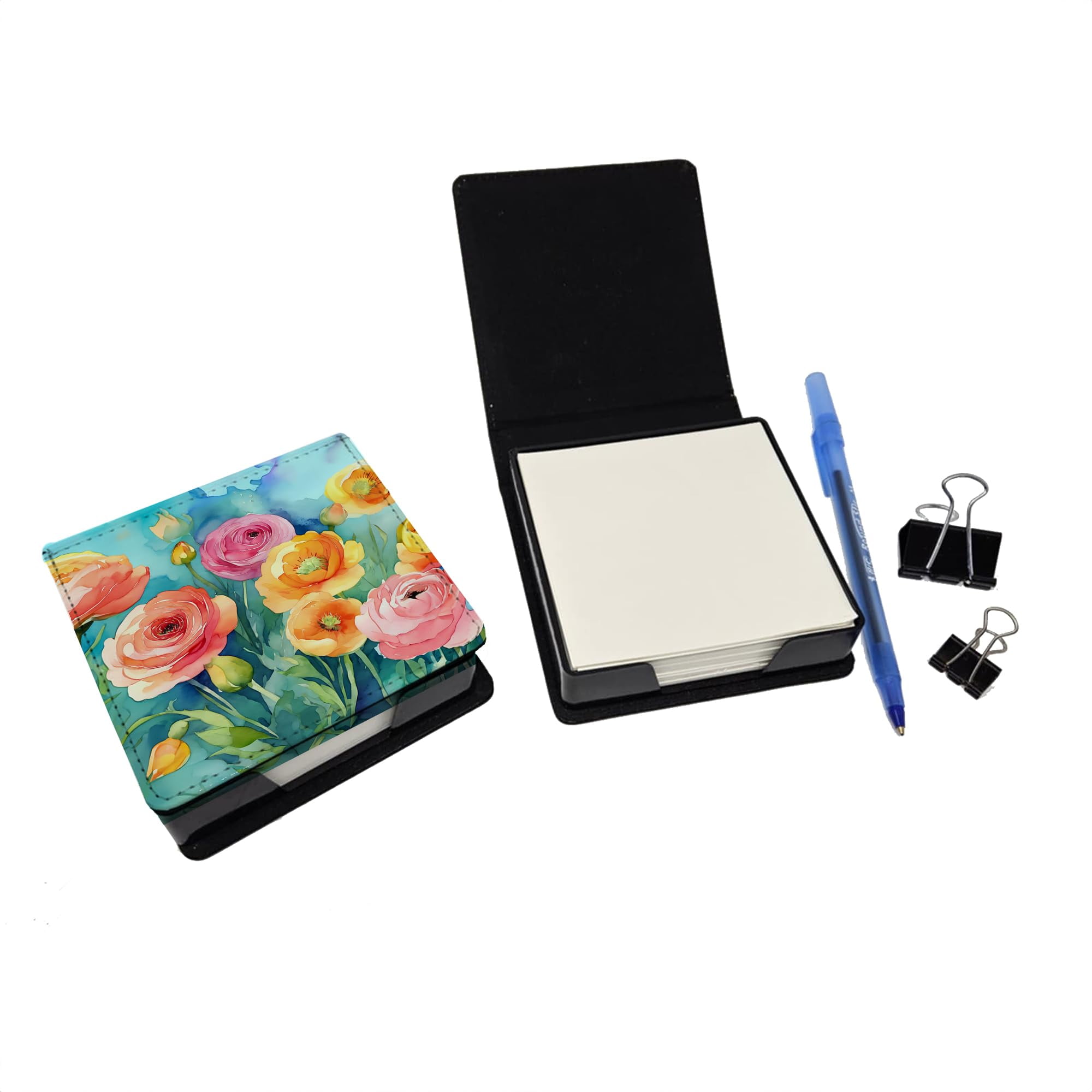 Caroline's Treasures Ranunculus in Watercolor PU Leather Note Paper Holder with Artist-Designed Cover, Desk Accessory, Office Gift