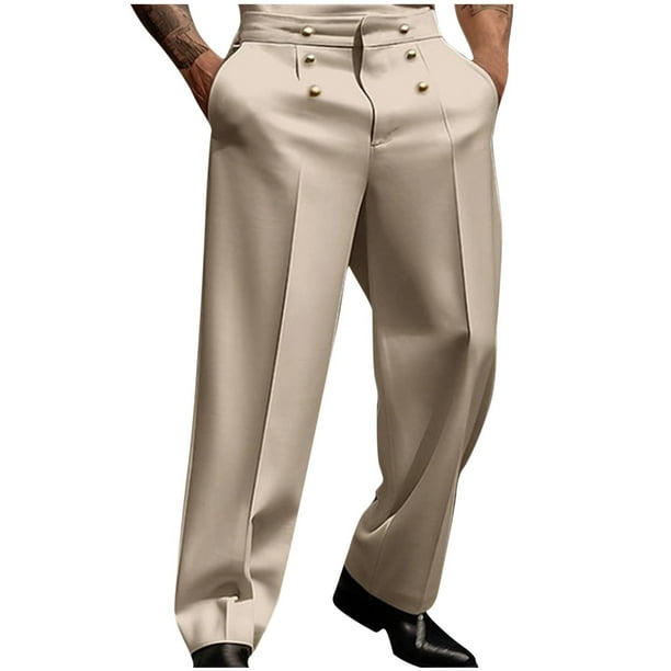 Pantalones de hombre de longitud completa con bolsillos inclinados, botones y cremallera, estilo occidental, de poliéster.