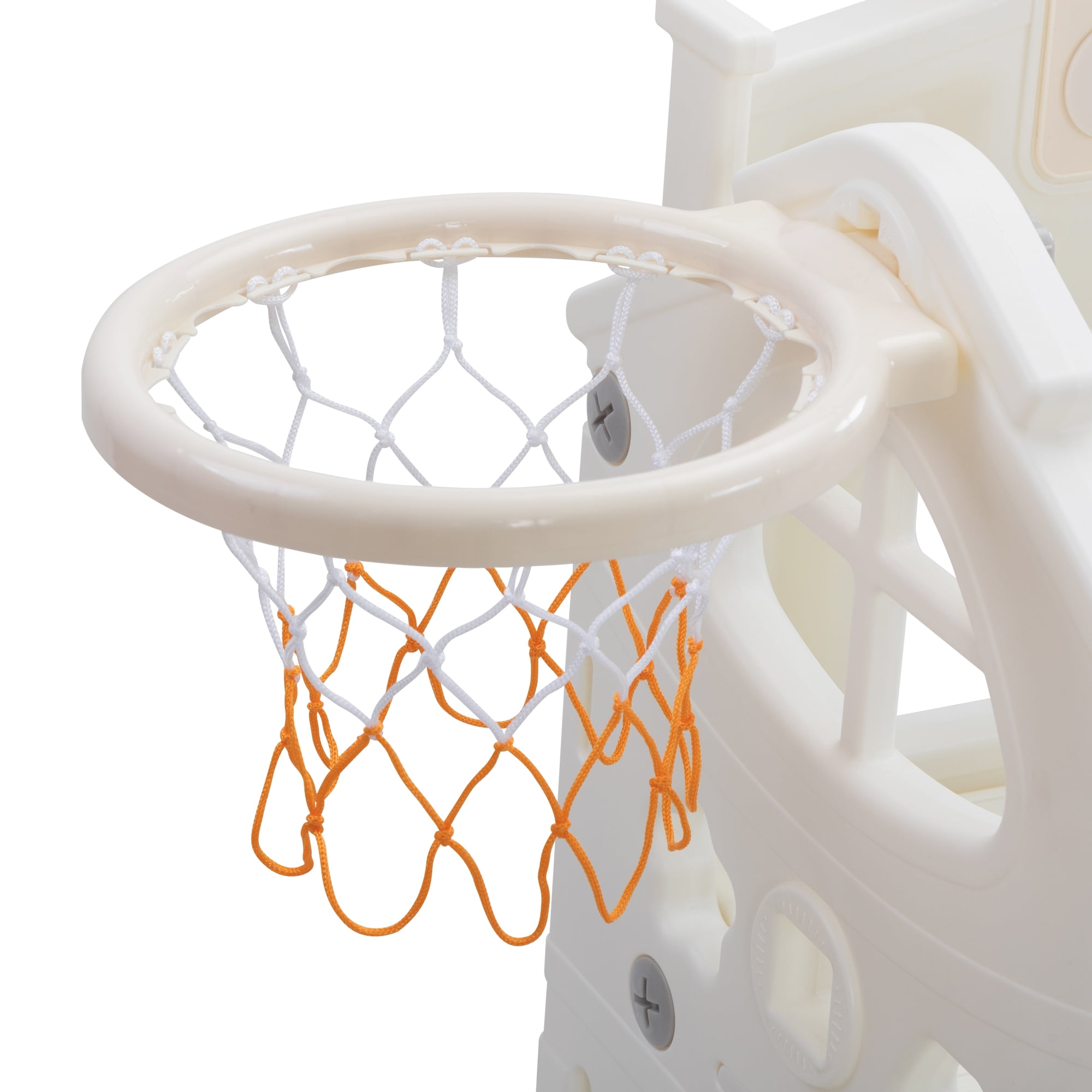 Kids Slide Playset with Climber, Toddlers Freestanding Castle with Basketball, Storage Area, Tunnel for Indoors and Outdoors, Gift for Children, Gray and White