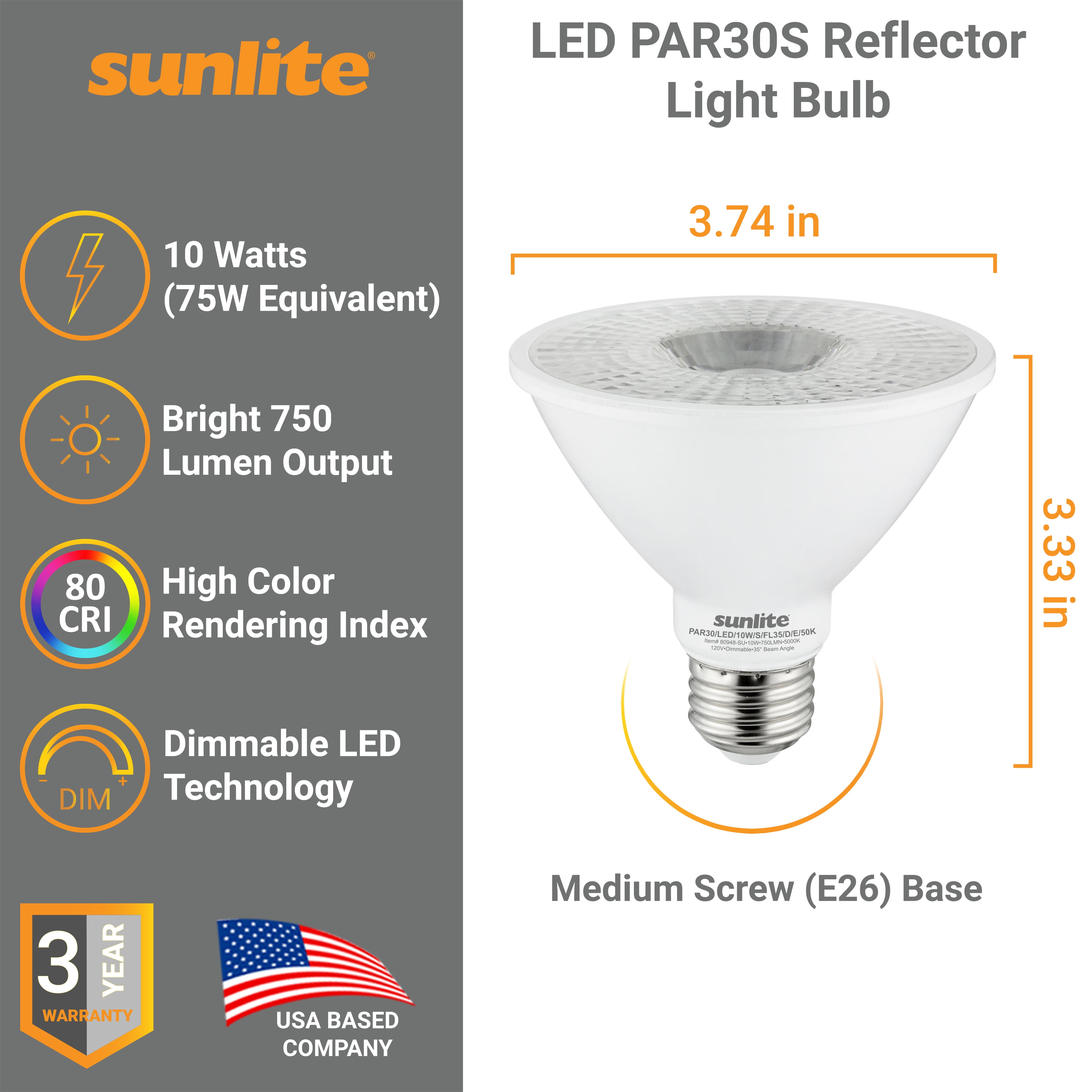 Sunlite LED PAR30 Short Neck Flood Light Bulb, 9 Watts, (75W Equivalent), 850 Lumens, Medium Screw (E26) Base, Dimmable, ETL Listed, 5000K Daylight, 6 Count