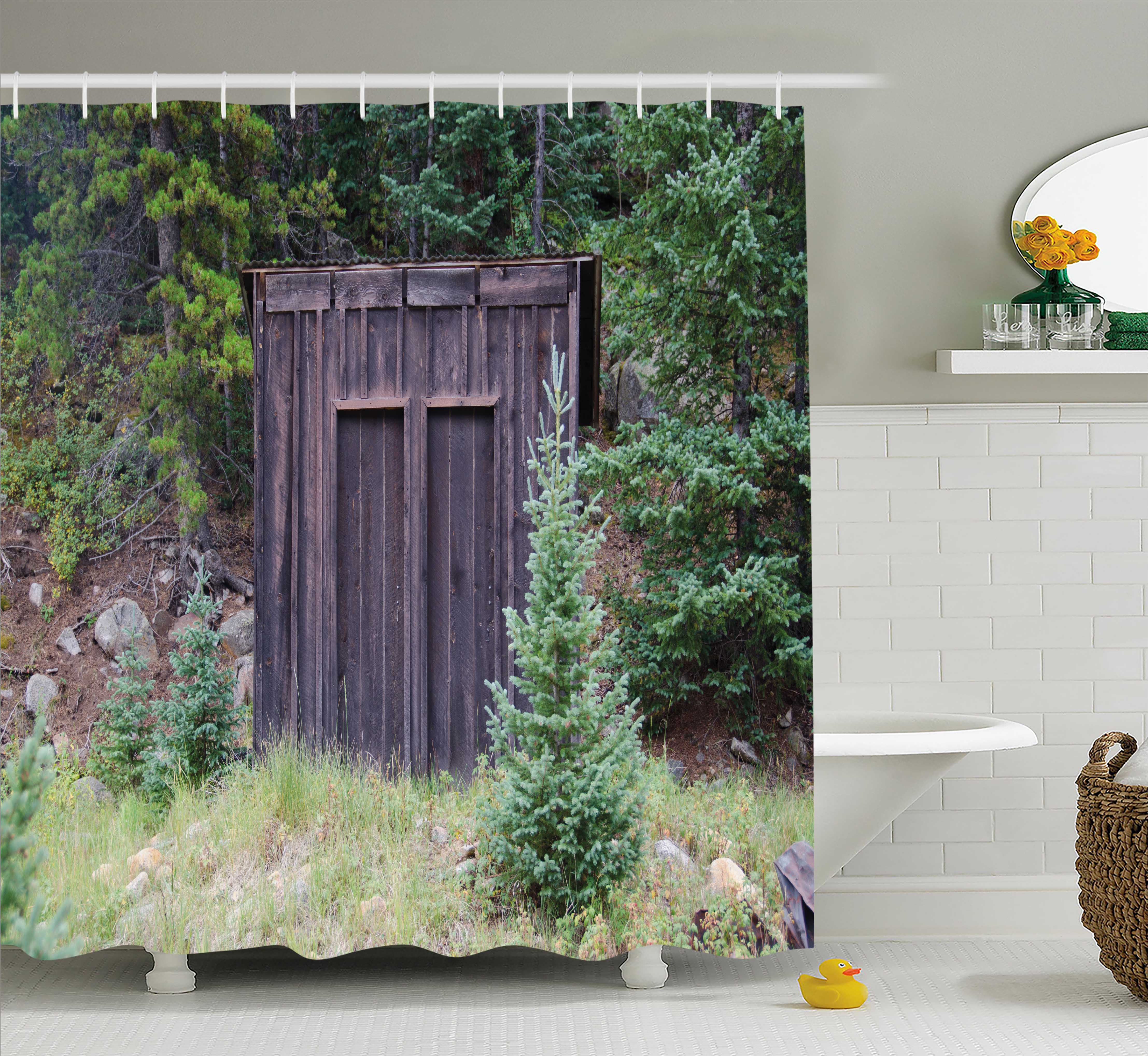 Outhouse Shower Curtain, Farm Life House Wooden Door of Cottage Hut in