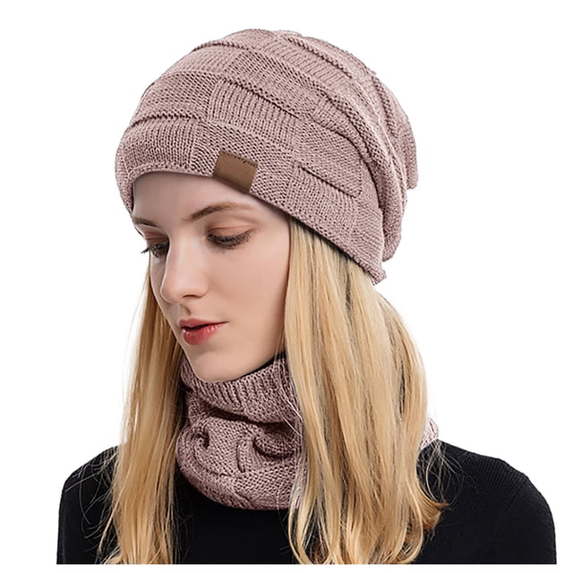 Fgnfyis Winter Knit Hat and Scarf Set Wool Blend Warm Neck Protection Two Piece Accessory Pink