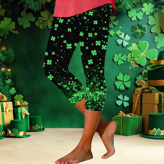 TaTaai Women St. Patrick's Day Allover Print High Waist Capri Leggings Skinny Stretchy Breathable Non See-through Machine Washable Holiday Party Sports Casual Wear Gift