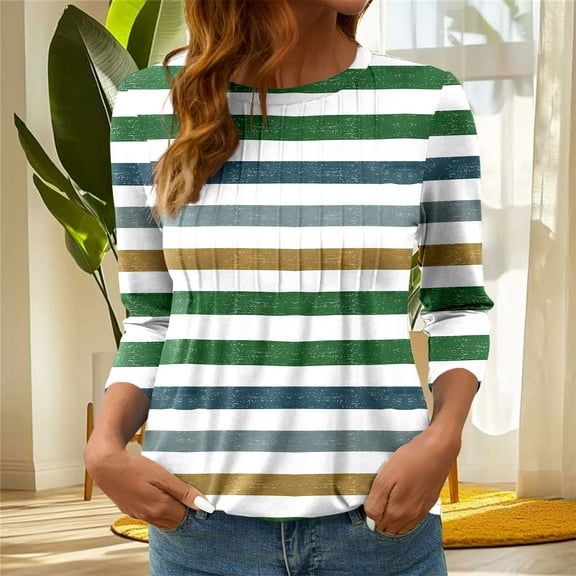 Tops for Women Plus Size 3/4 Sleeved Stripe Printed Casual T-shirt Round Neck Top Green XXL