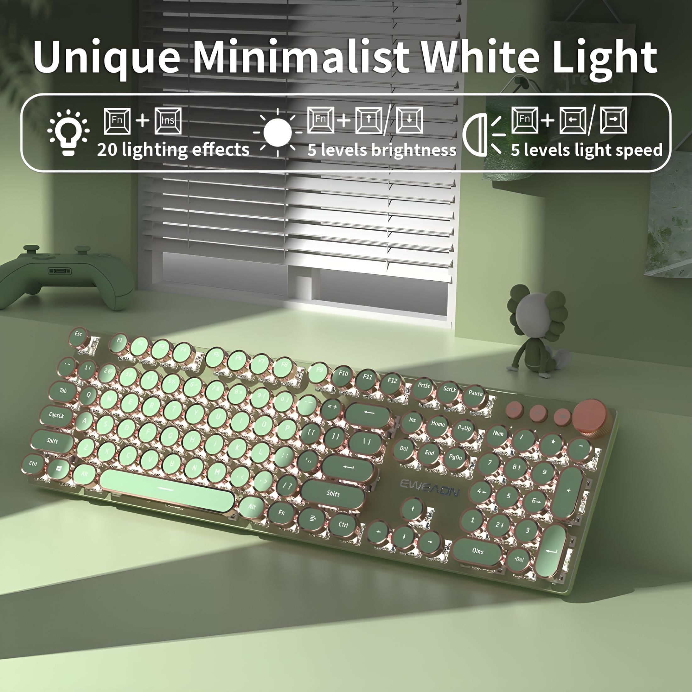 GJX Typewriter Style Mechanical Gaming Keyboard, 104 Keys Backlit LED Keyboard, Media Control Knob, Wired Computer Keyboard Pink Switch for Windows/Mac/PC-Green