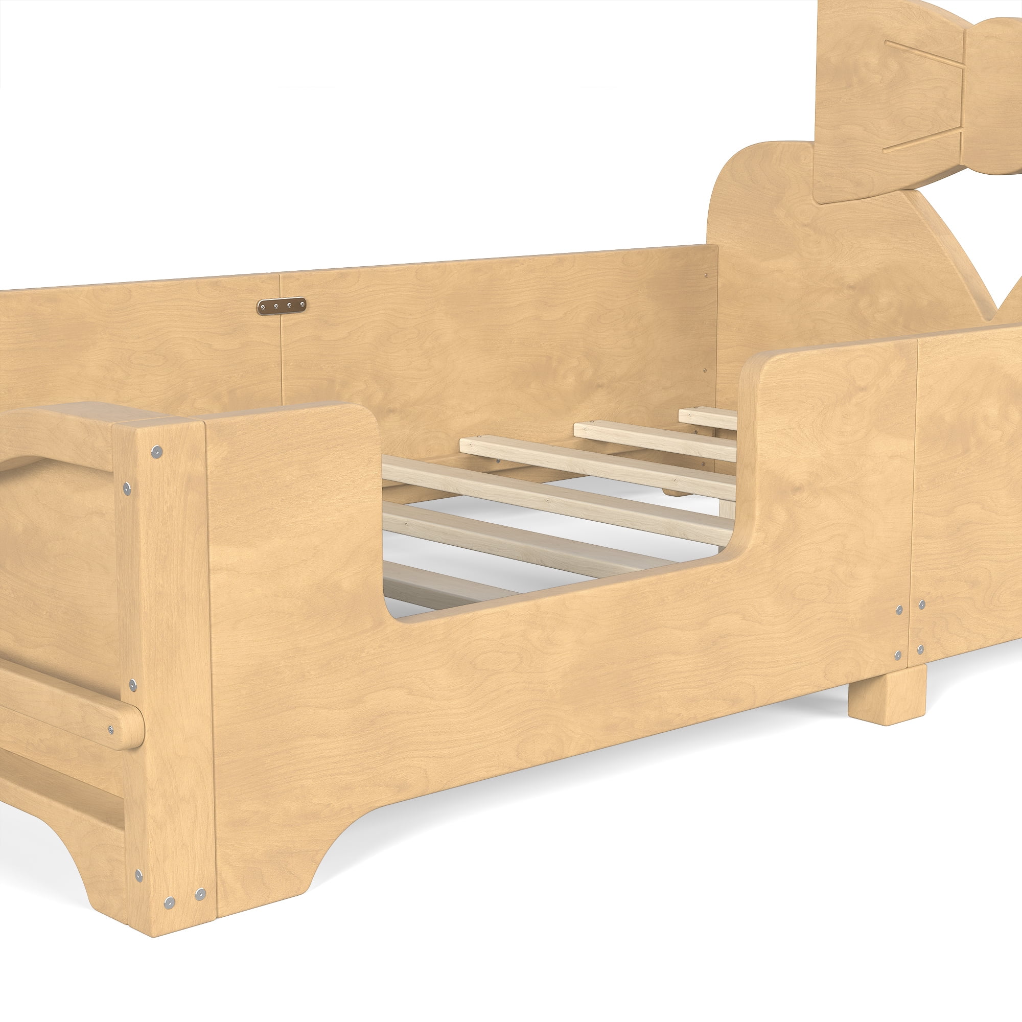 HOQBN Twin Size Kids Platform Bed with Surround Guardrails, Cute Bowknot Shaped Headboard & Built-in Side Bookshelf, Wood Finish Floor Bed Natural