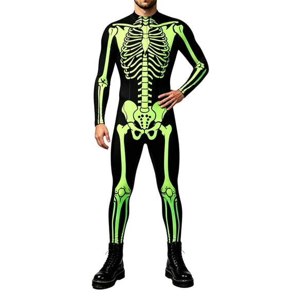 Tisuna Halloween Onesie Stage Tight Bodysuit For Mens Skeleton Print Long Sleeve Stand Collar Jumpsuit Slim Fit Casual Men'S Theme Party Performance Dress Up Romper Size S