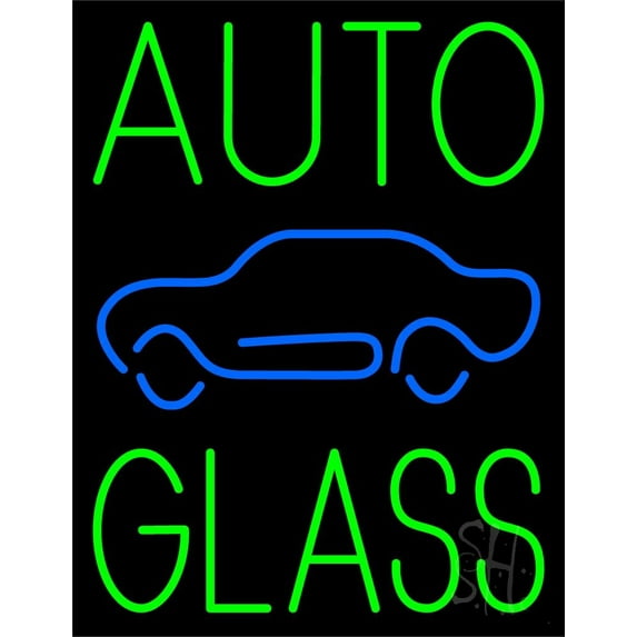 Green Auto Glass Blue Car LED Neon Sign 24 x 31 - inches, Clear Edge Cut Acrylic Backing, with Dimmer - Bright and Premium built indoor LED Neon Sign for automotive store, and mall.